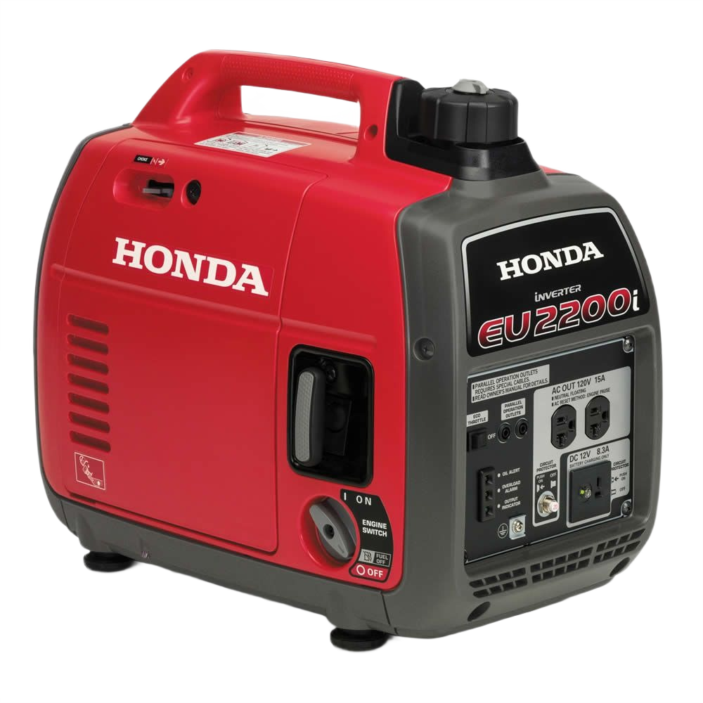 Red portable inverter generator with control panel featuring power outlets and fuel cap for tools and home improvement use