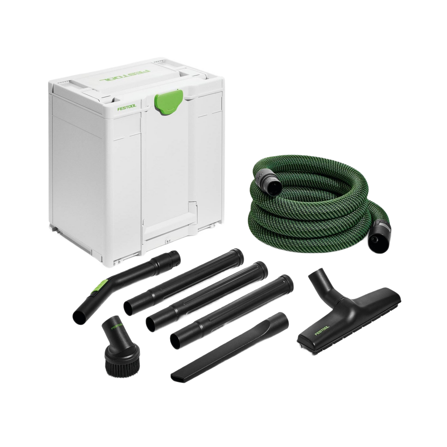 Compact Festool dust extractor cleaning set with green suction hose and multiple black vacuum accessories for woodworking tools
