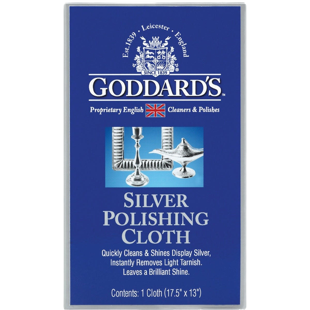 Blue package of silver polishing cloth designed for cleaning and shining display silver in cleaning supplies and tools