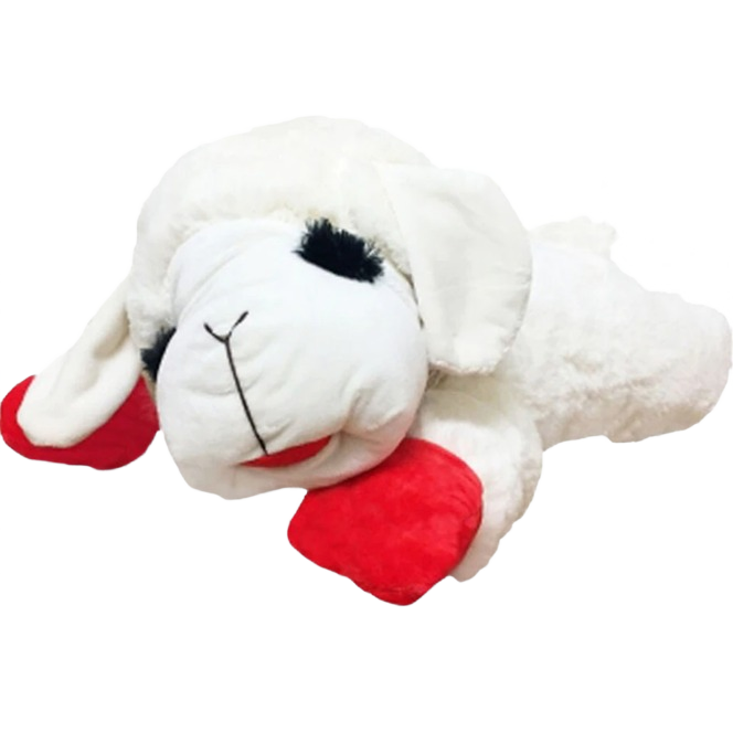 Soft white plush lamb dog toy with red hooves designed for gentle chewing and pet play in toys collection