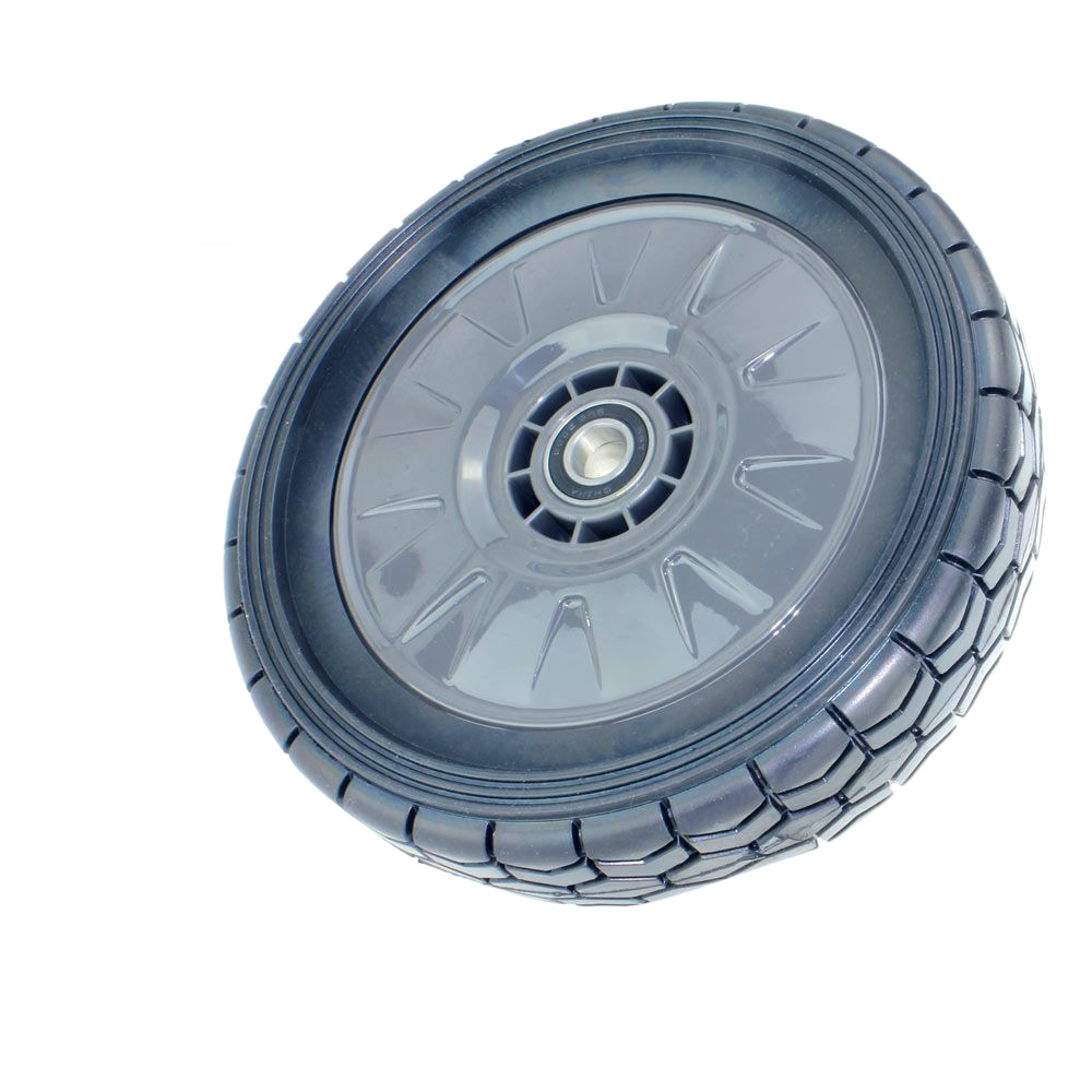 Solid black front right wheel with durable tread and central bearing for home improvement and tool applications