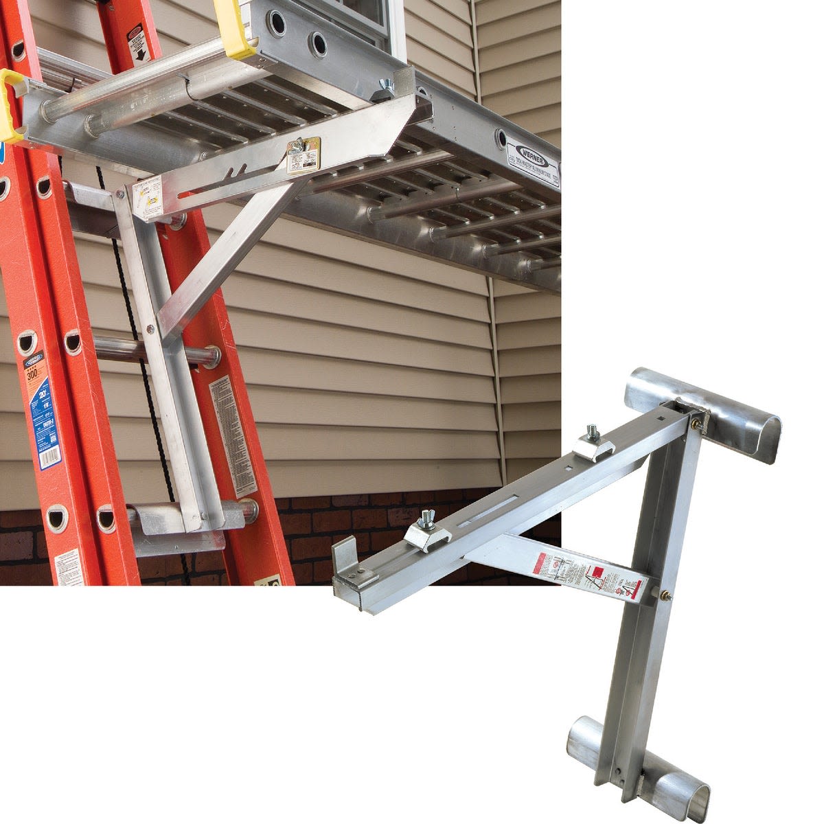 Aluminum ladder jacks supporting an extension ladder for elevated work in home improvement projects