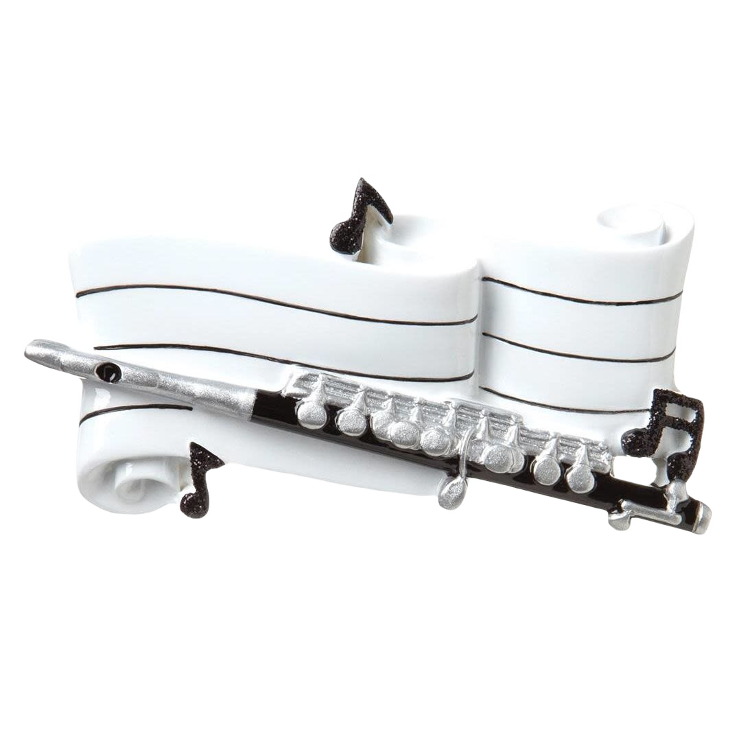 Silver flute ornament over curled sheet music with musical notes for Christmas Ornaments & Tree Decorations collection
