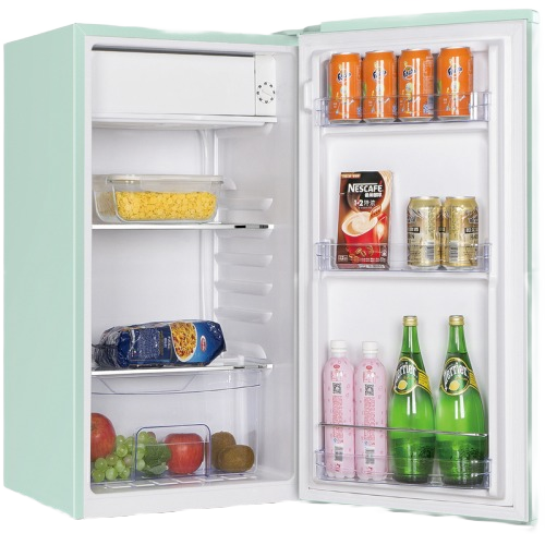 Pastel green retro-style compact refrigerator with single door, stocked with beverages and snacks from appliances collection