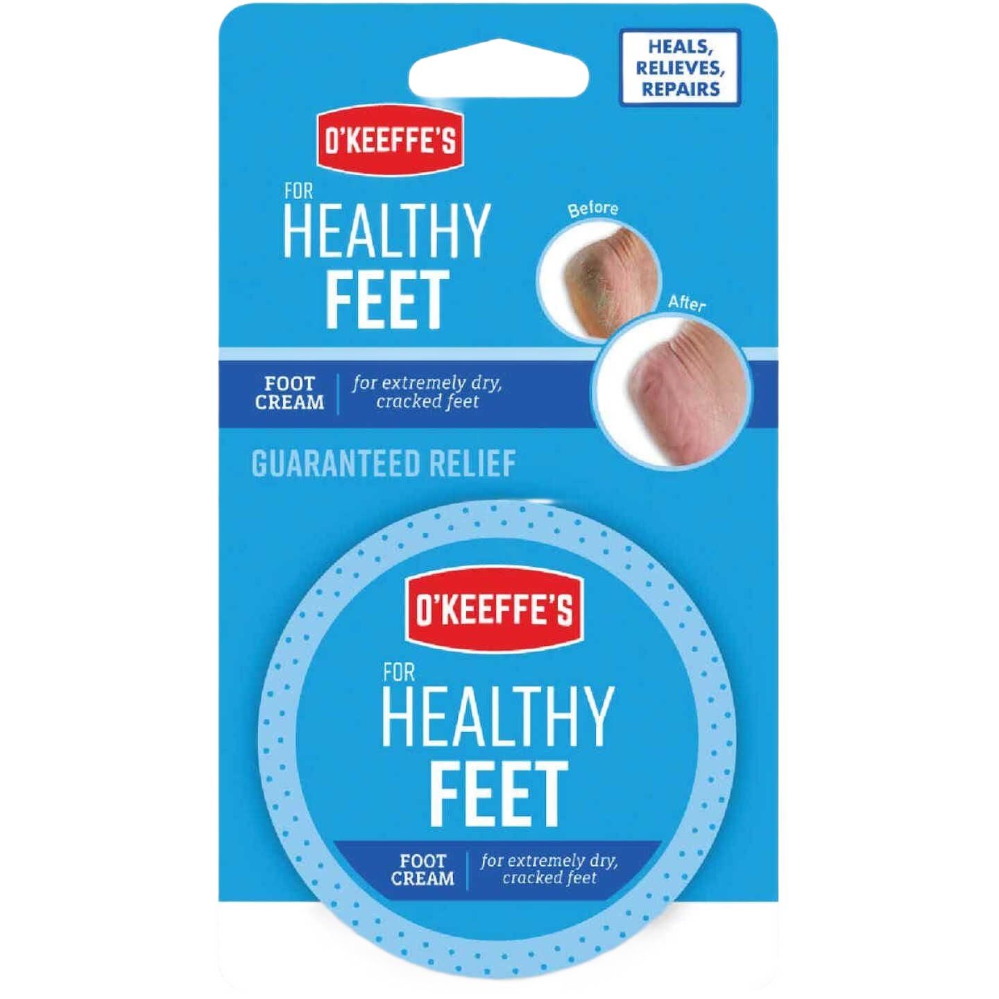 Blue packaging of O'Keeffe's Healthy Feet cream jar for very dry, cracked feet in Health & Beauty and Skin Care collections