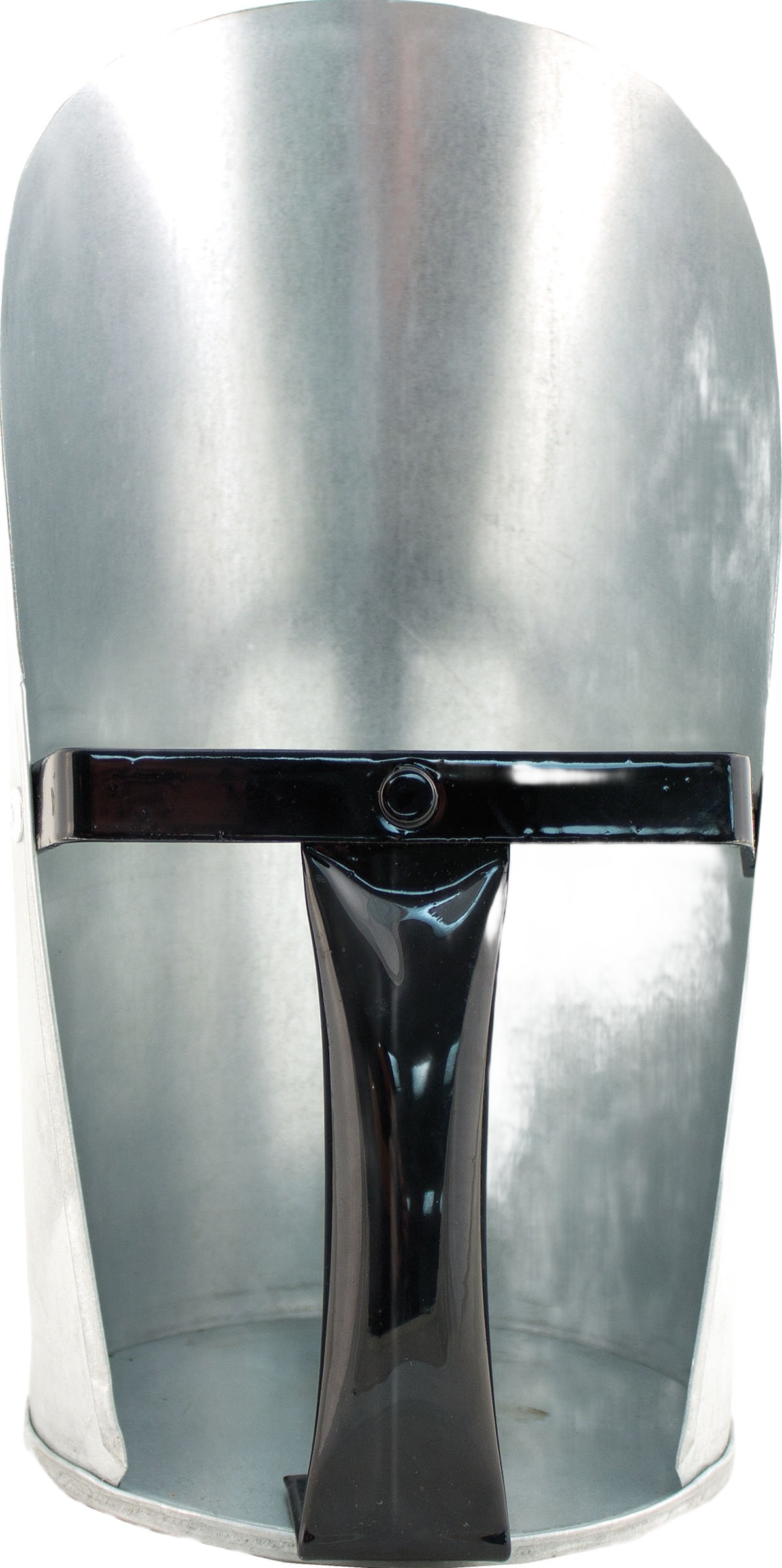 Galvanized metal feed scoop with black handle for livestock feeding in farm animal and pet care supplies under $50.