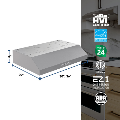 Stainless steel under-cabinet range hood showing dimensions and certification logos in modern kitchen setting