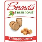 Packaging label featuring Berardi's Fresh Roast with wooden barrels and caramel squares imagery on cream coffee beans bag