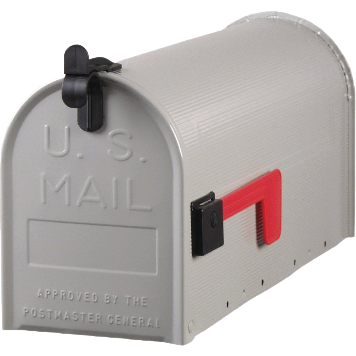 Gray metal post mount mailbox with red flag and black latch for secure mail delivery in home improvement settings