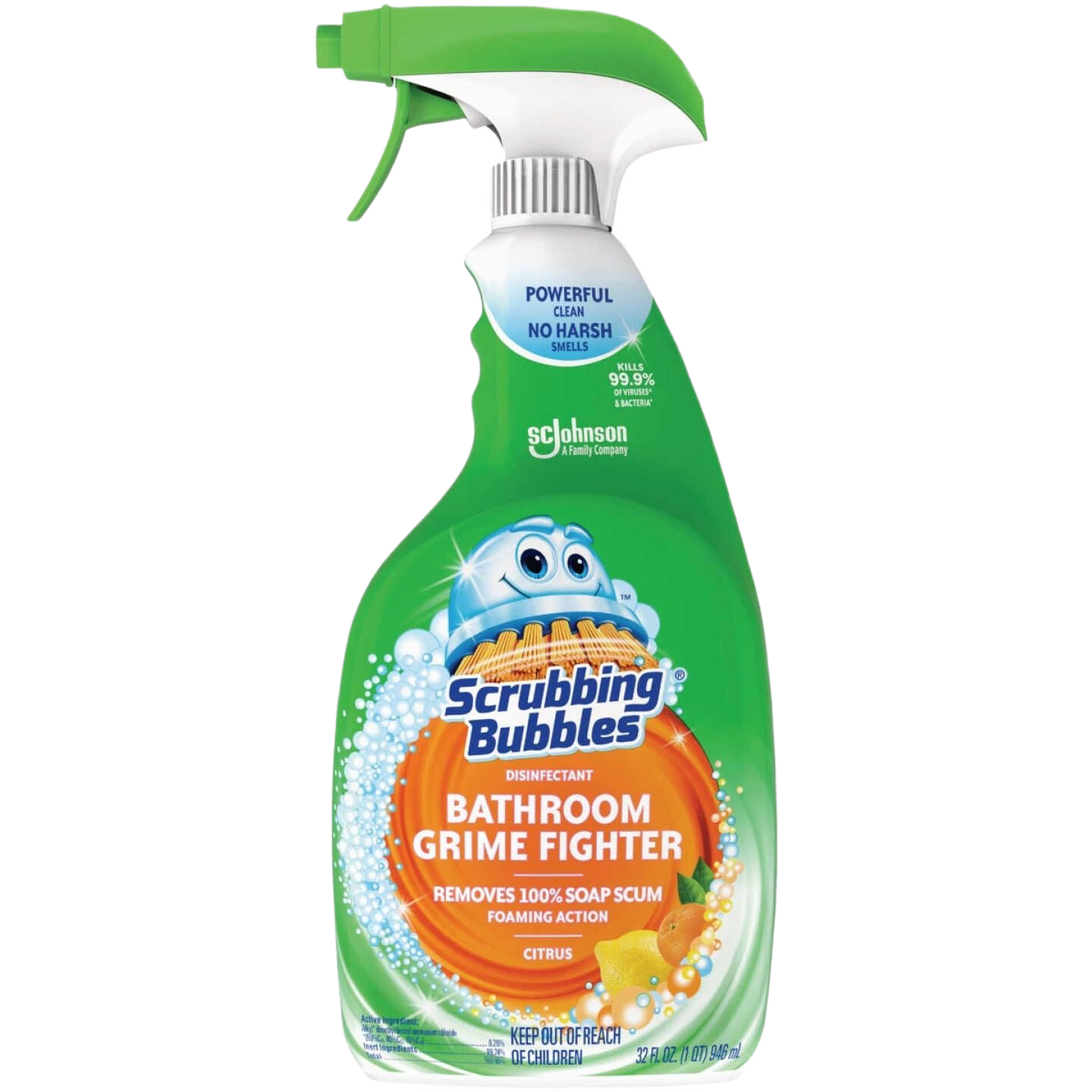 Green spray bottle of citrus disinfectant cleaner for bathroom grime removal in cleaning supplies under $50 collection