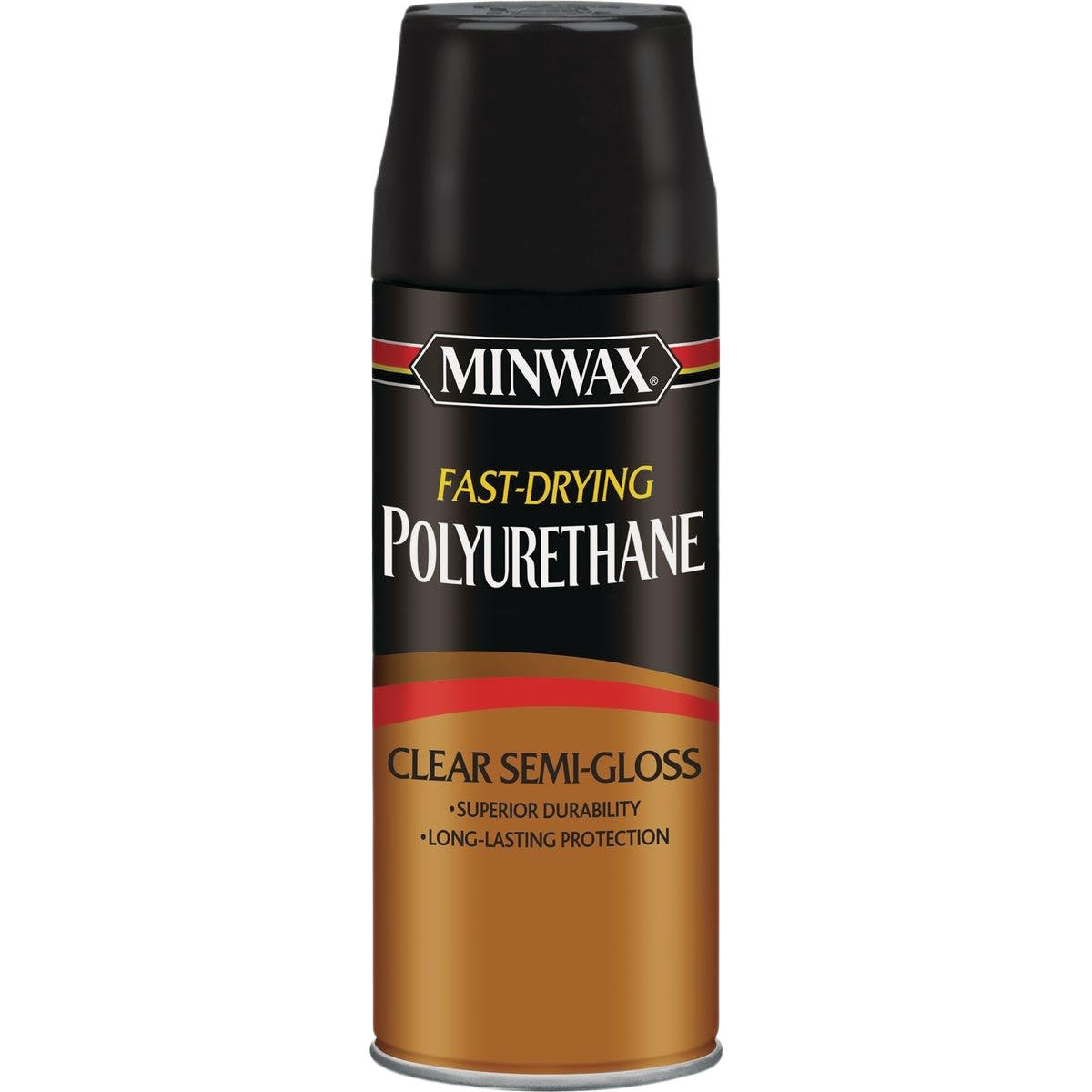 Minwax fast-drying clear semi-gloss polyurethane spray can for durable wood finishing in home improvement supplies