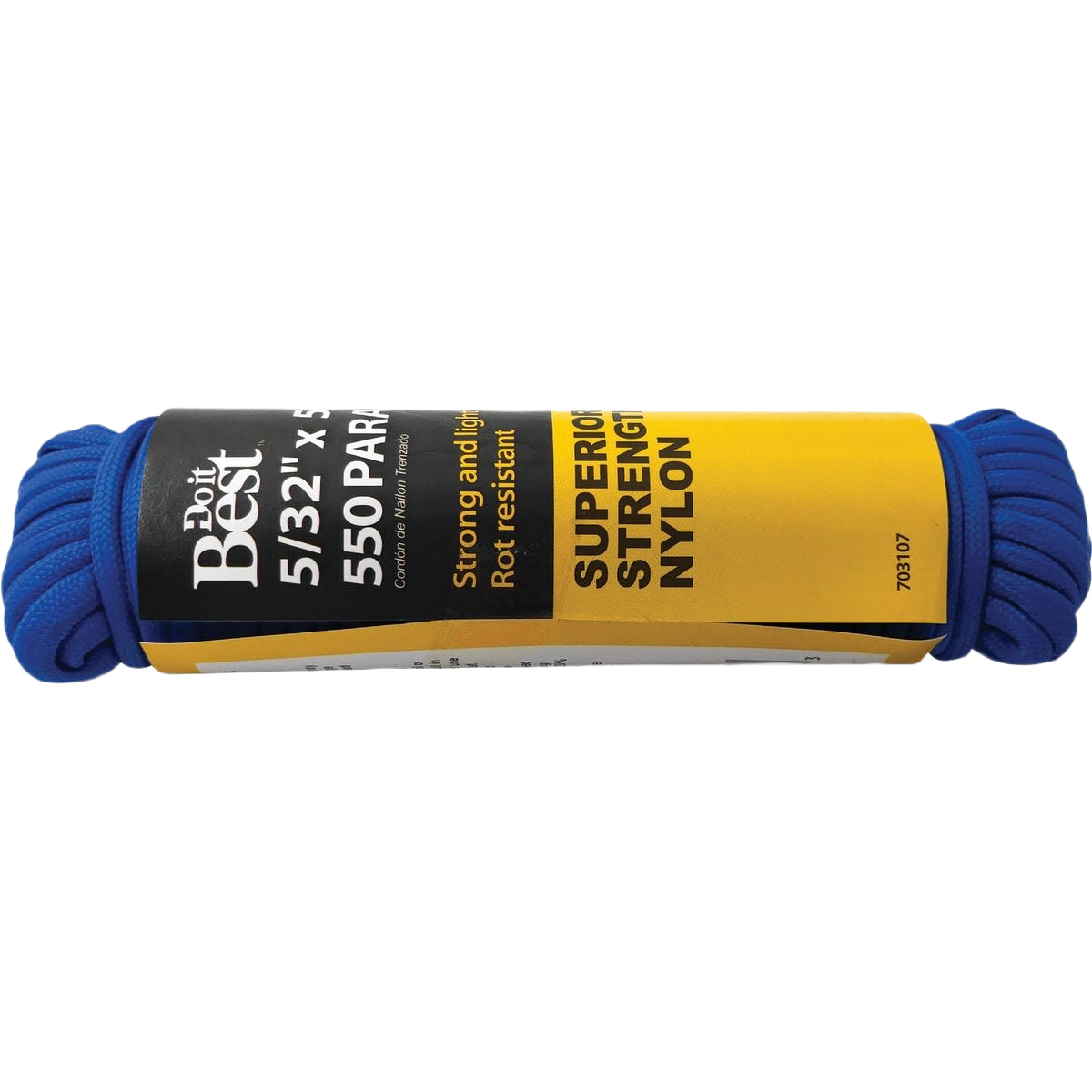 Blue nylon paracord bundle with label highlighting its strength and resistance for tools and home improvement tasks