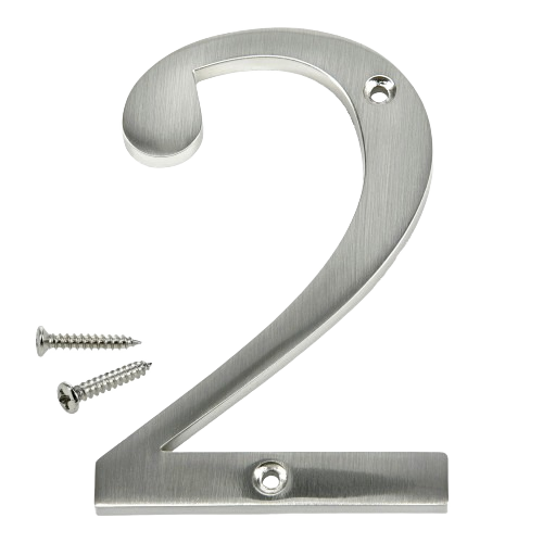 Brushed nickel flush mount house number 2 with included screws for home improvement and outdoor use