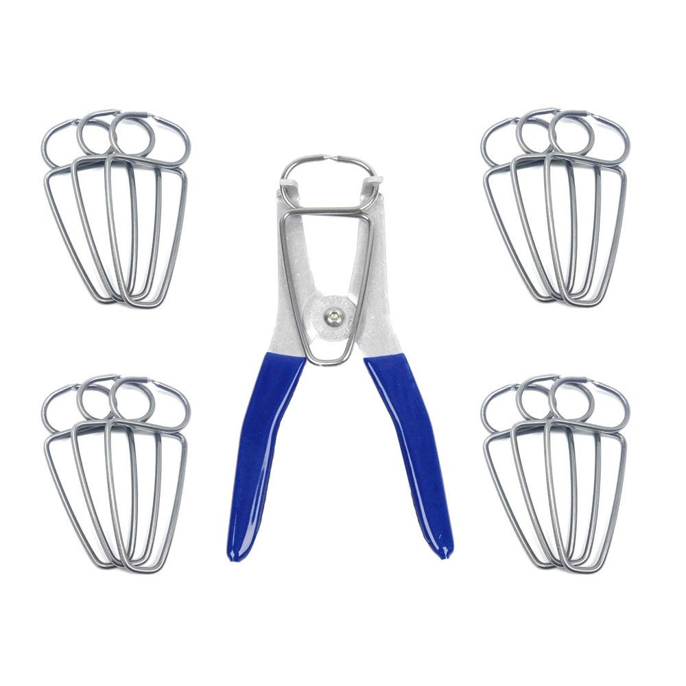 Metal miter clamp pliers with blue handles and eight silver corner clamps for home improvement projects