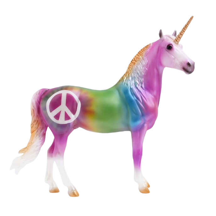 Colorful unicorn figurine with a rainbow body and peace symbol on its side for decorative display