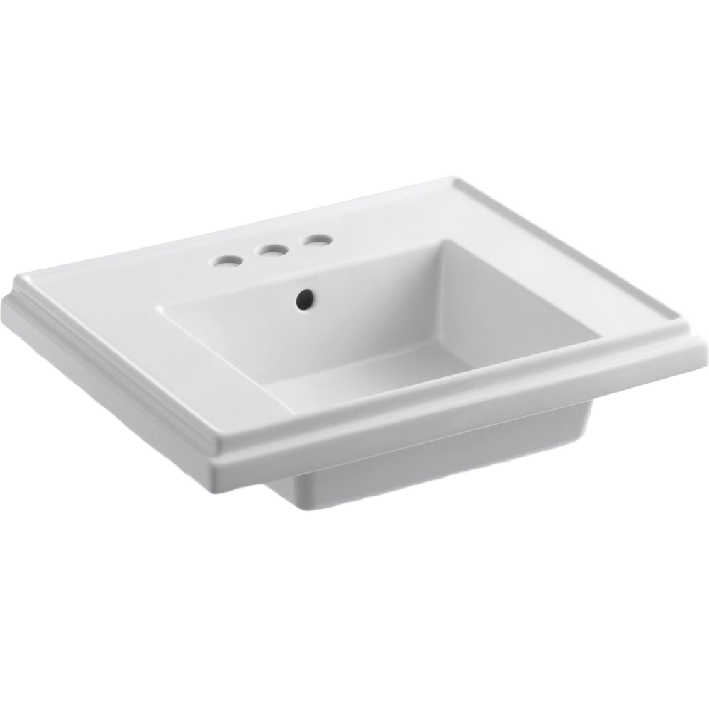 White pedestal bathroom sink basin with three faucet holes designed for home improvement projects