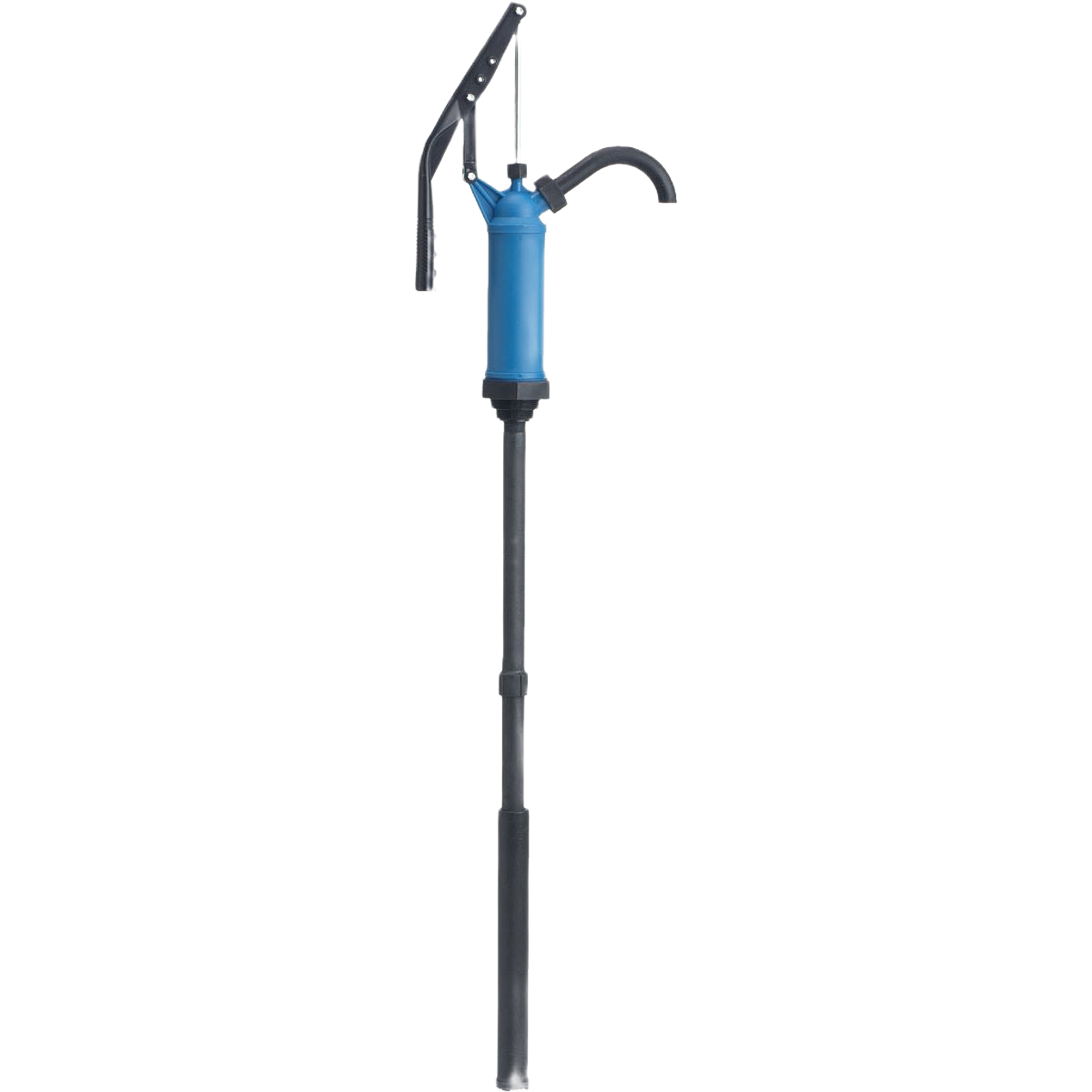Blue and black lever pump with long spout designed for dispensing diesel exhaust fluid from drums and pails