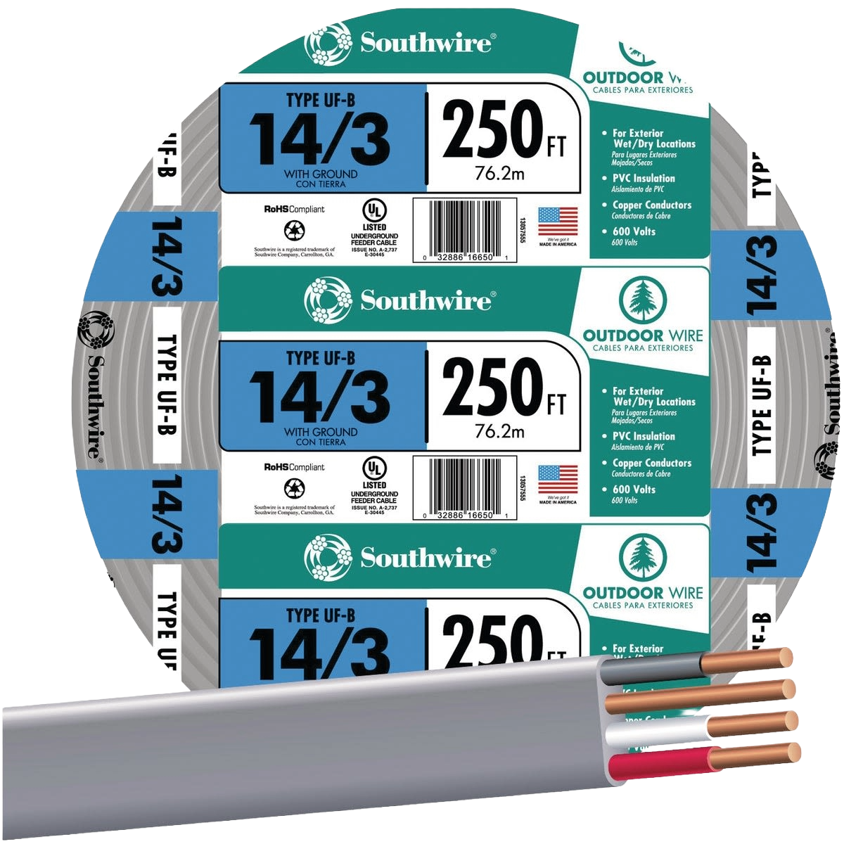 Roll of Southwire outdoor electrical wire with 14-3 gauge and ground, showing copper conductors and PVC insulation