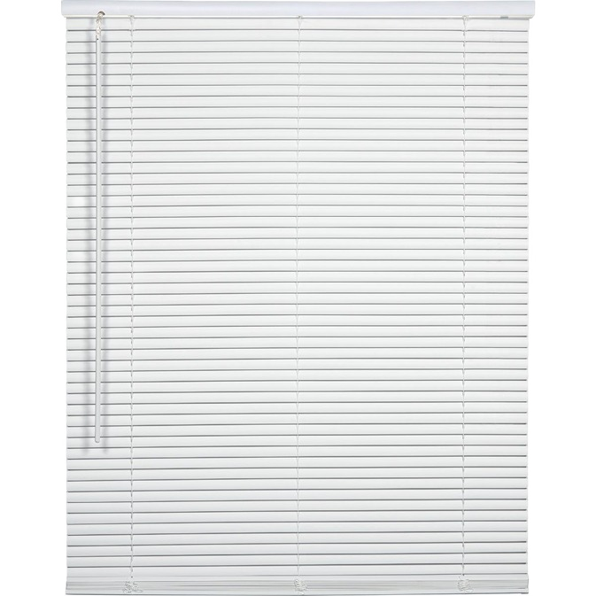 White vinyl cordless mini blind with horizontal slats and wand for adjustable light control in home improvement projects