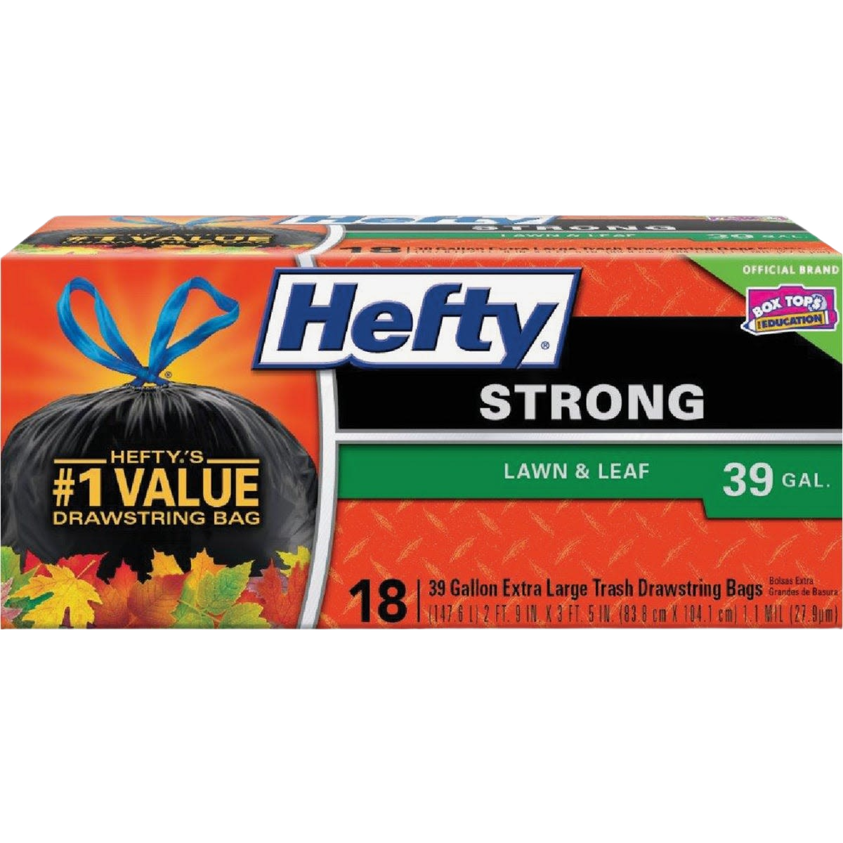 Box of Hefty 39-gallon extra strong black lawn and leaf drawstring trash bags in cleaning and recycling collections.