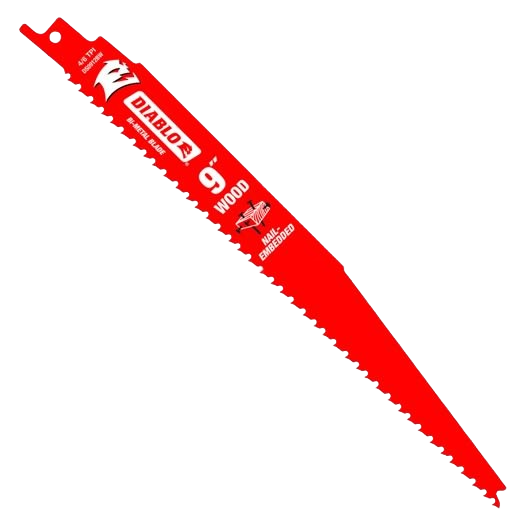 Red bi-metal saw blade designed for cutting wood with nails, part of professional woodworking and power tool accessories.