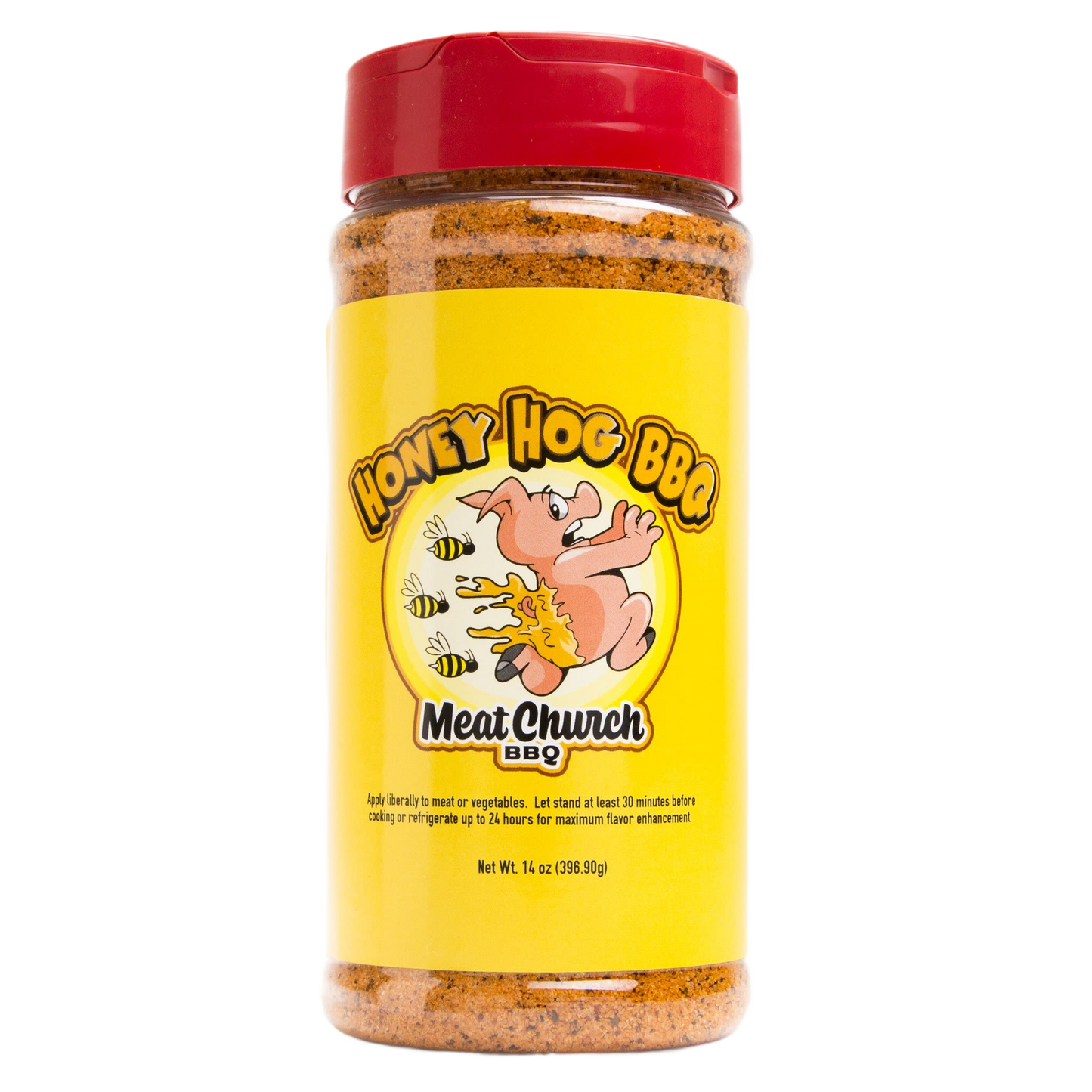 Plastic jar of Meat Church Honey Hog BBQ rub with yellow label and red lid from grilling sauces and spices collection
