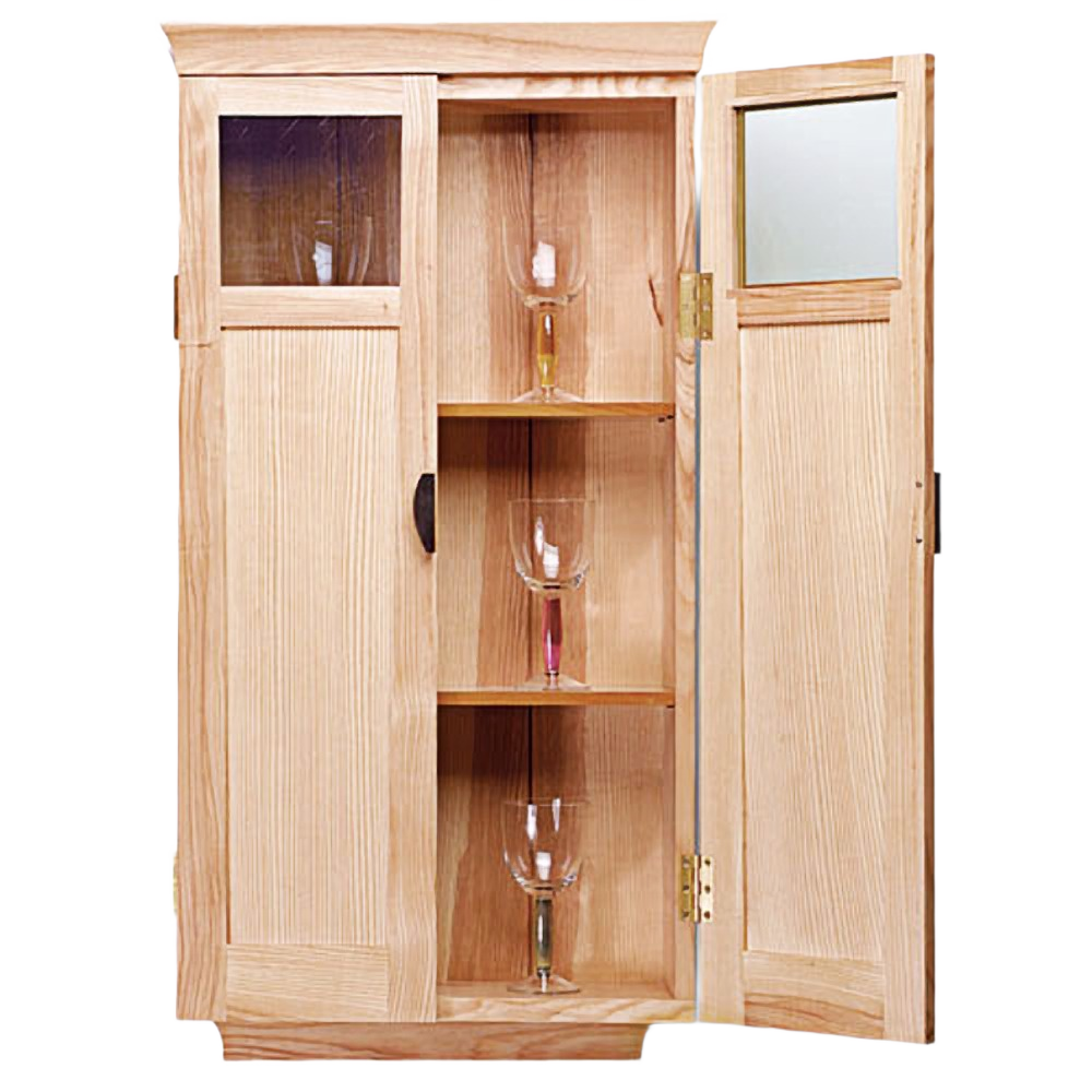 Light natural wood wine glass cabinet with glass panel door and three shelves holding wine glasses for home improvement
