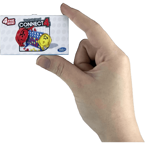 Hand holding a compact Connect 4 game box from Toys & Games and Under $50 pretend play collections