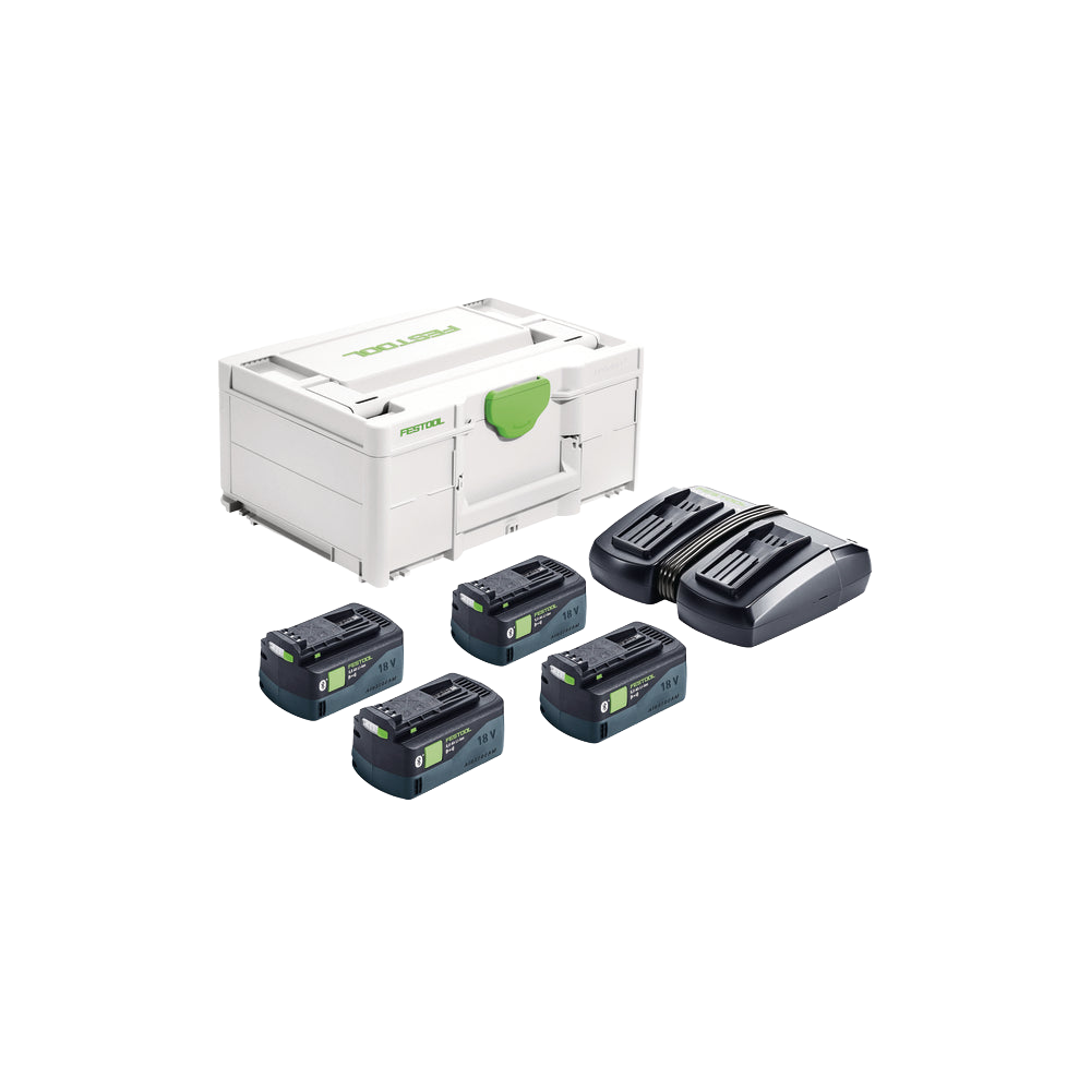 Four rechargeable battery packs with dual charger and white storage case for power tool accessories