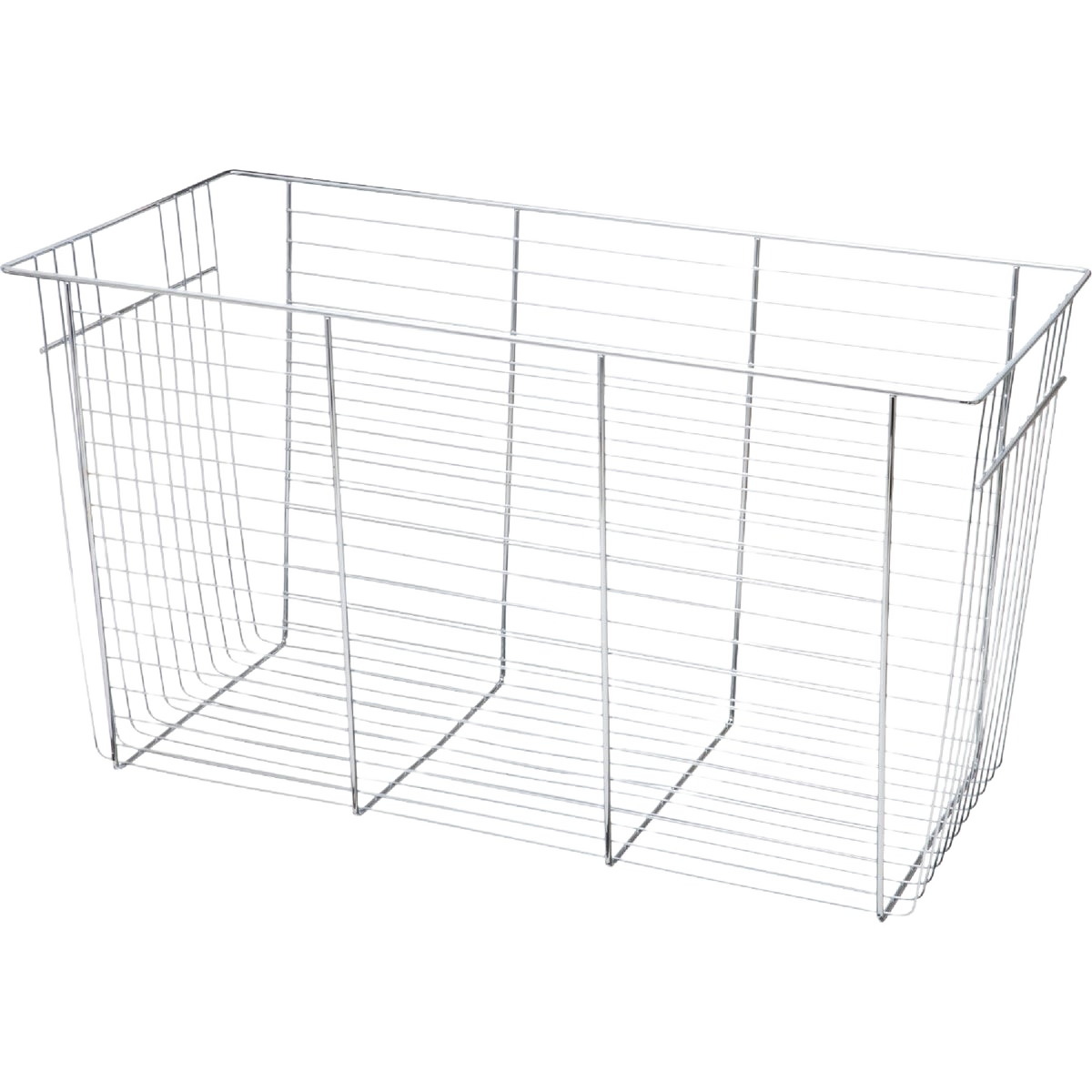 Chrome wire storage basket with open grid design for closet organization and shelving accessories collections
