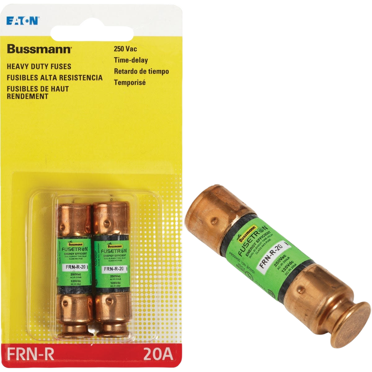 Two heavy duty copper cartridge fuses with green labels for electrical protection in home improvement tasks