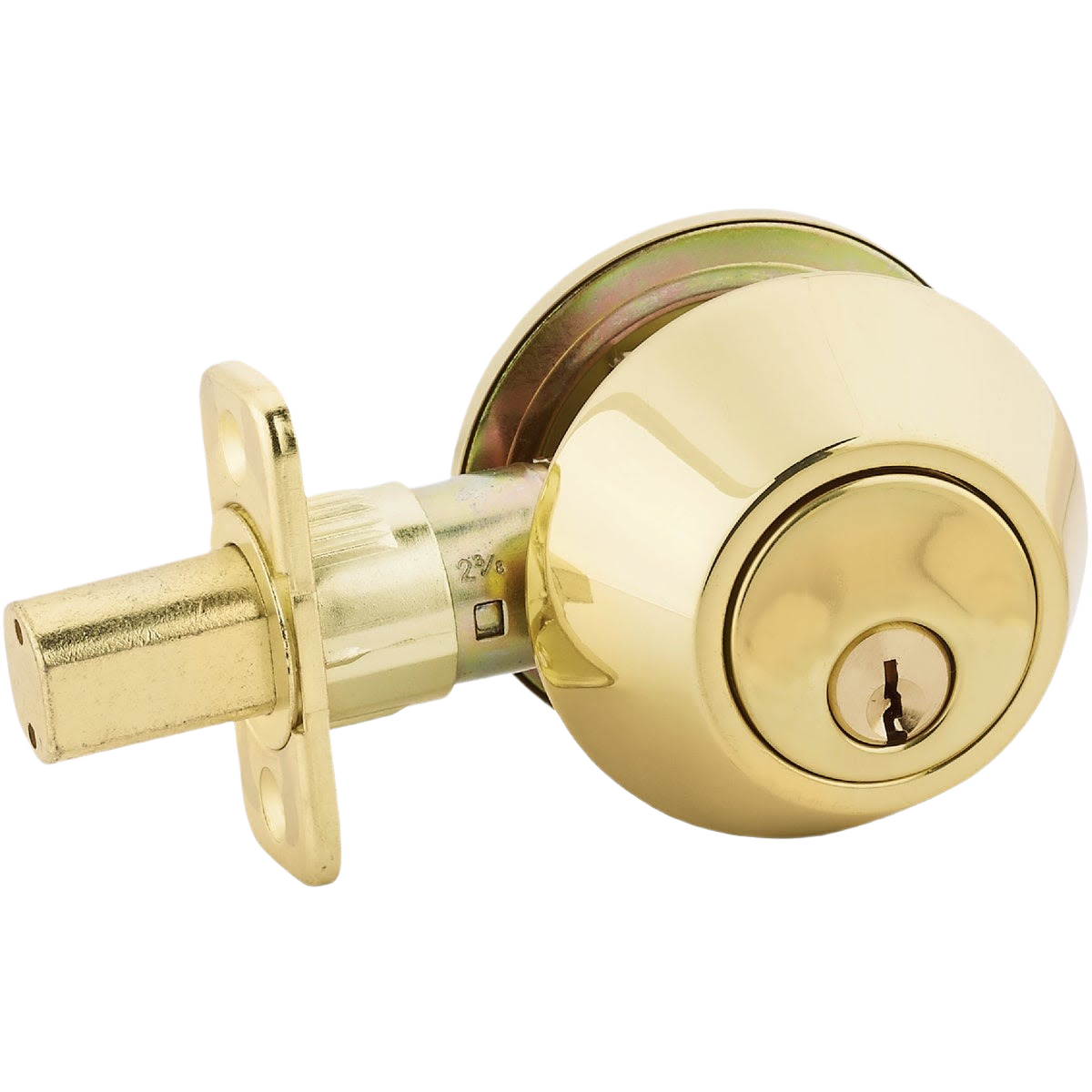 Polished brass single cylinder deadbolt lock with adjustable latch for door hardware and home improvement projects