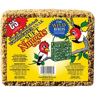 Rectangular block of suet nuggets in clear packaging with colorful label showing cartoon woodpeckers and bird feeder