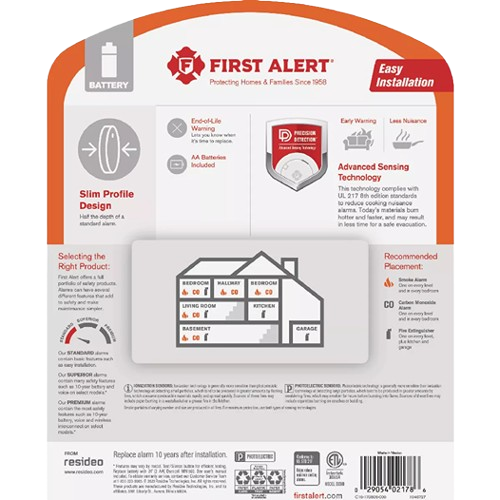 First Alert slim-profile battery-powered photoelectric smoke alarm with advanced sensing in fire safety and electrical collections under $50