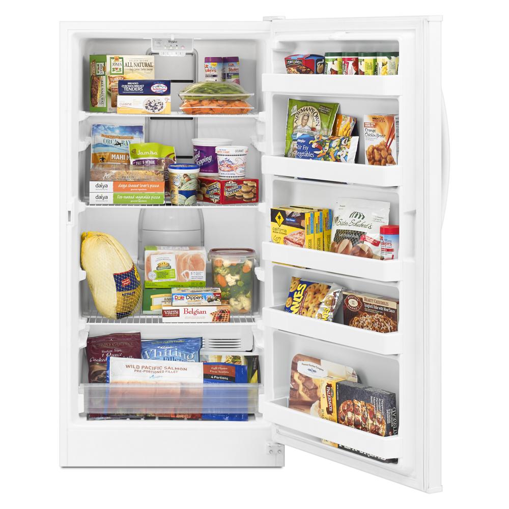 White upright freezer with open door showing organized frozen food and adjustable shelving in kitchen appliances collection