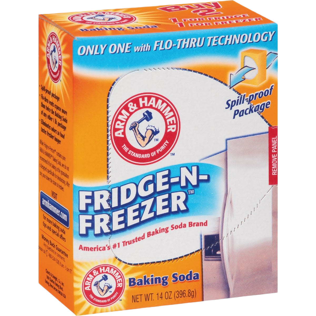 Orange box of Arm & Hammer Fridge-N-Freezer baking soda with spill-proof package for household cleaning under $25 collection