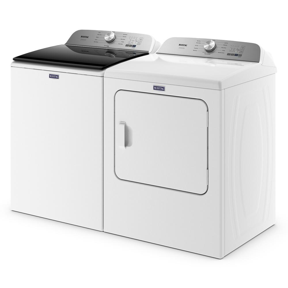 White top load washer with black lid and matching white electric dryer in modern laundry appliance set