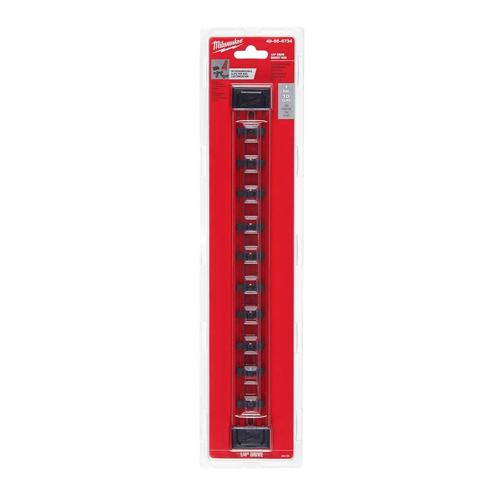 Metal socket rail with adjustable clips for organizing 1/4 inch drive sockets in tool storage and workshop organization