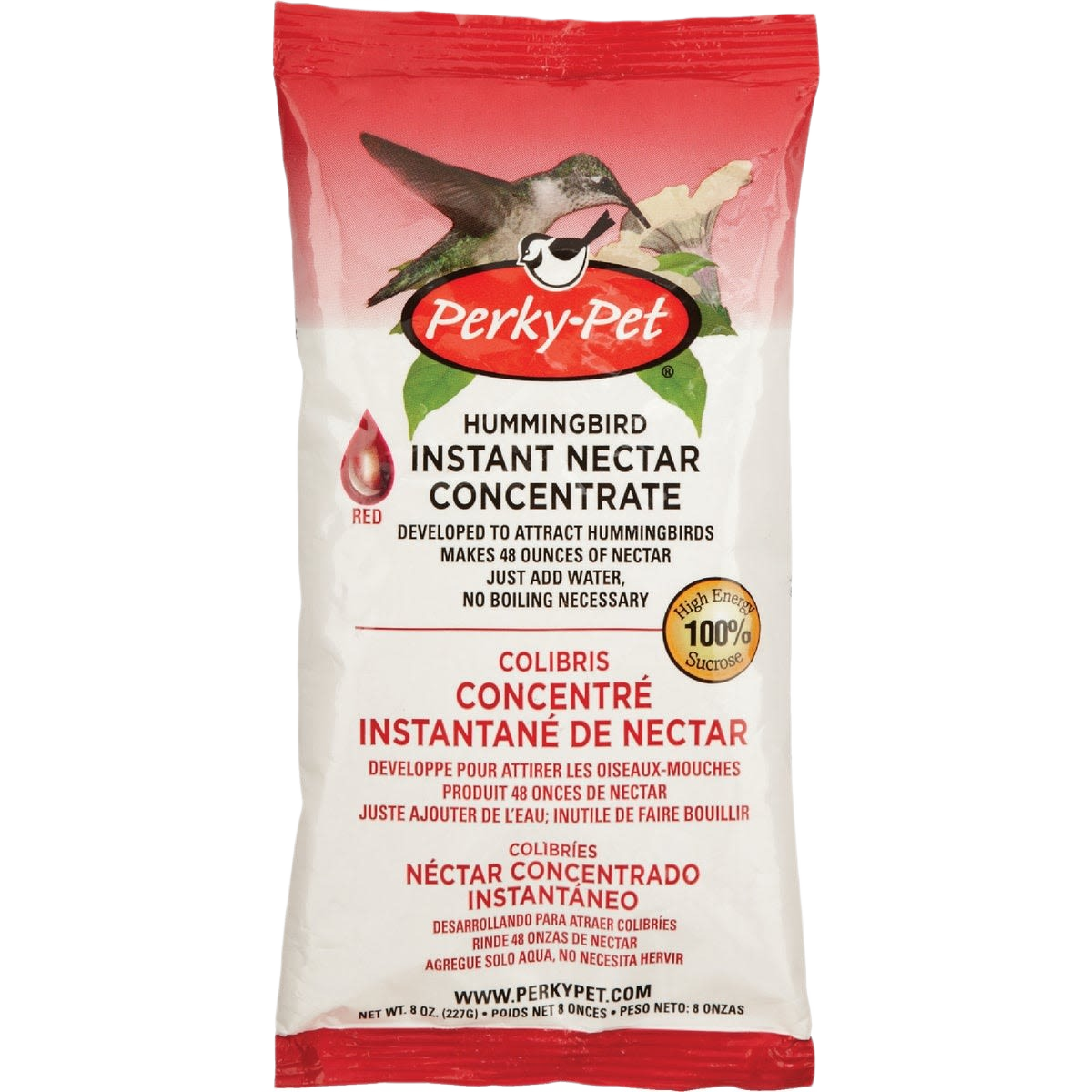 Red powder hummingbird nectar concentrate packet designed for easy mixing and attracting hummingbirds outdoors