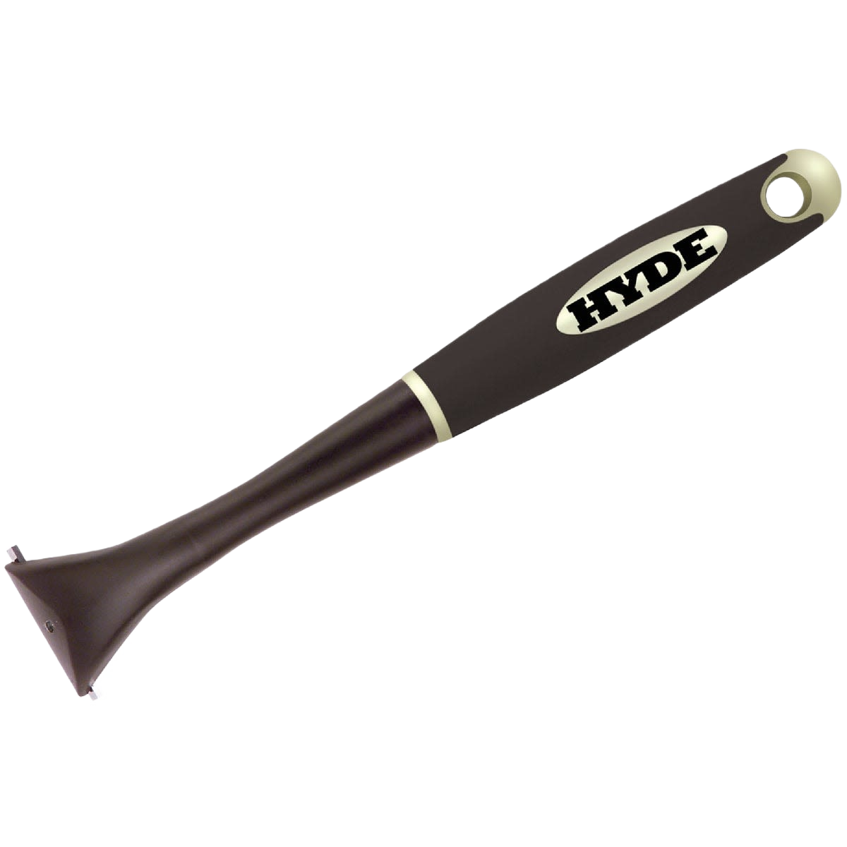 Ergonomic carbide scraper with black handle and hole for hanging, designed for home improvement projects.