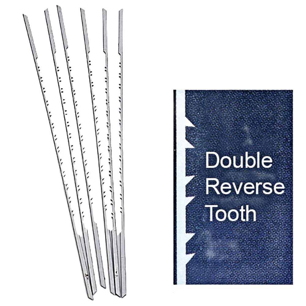 Set of six metal scroll saw blades with double reverse tooth design for woodworking and tool accessories projects
