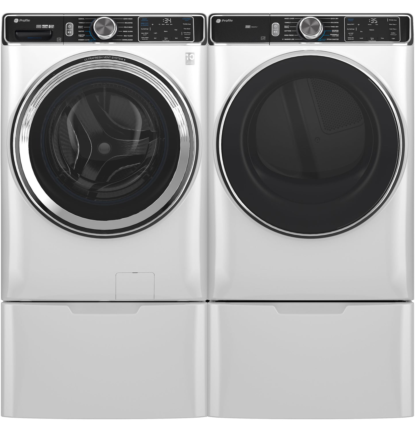 Pair of white GE Profile smart front load washer and dryer with digital controls in modern laundry appliances setting