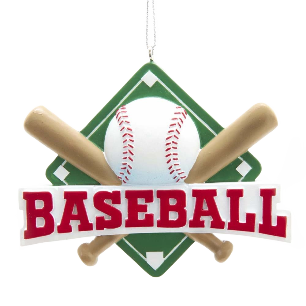 Green diamond-shaped ornament with crossed baseball bats and ball, personalized for Christmas Ornaments & Tree Decorations collection