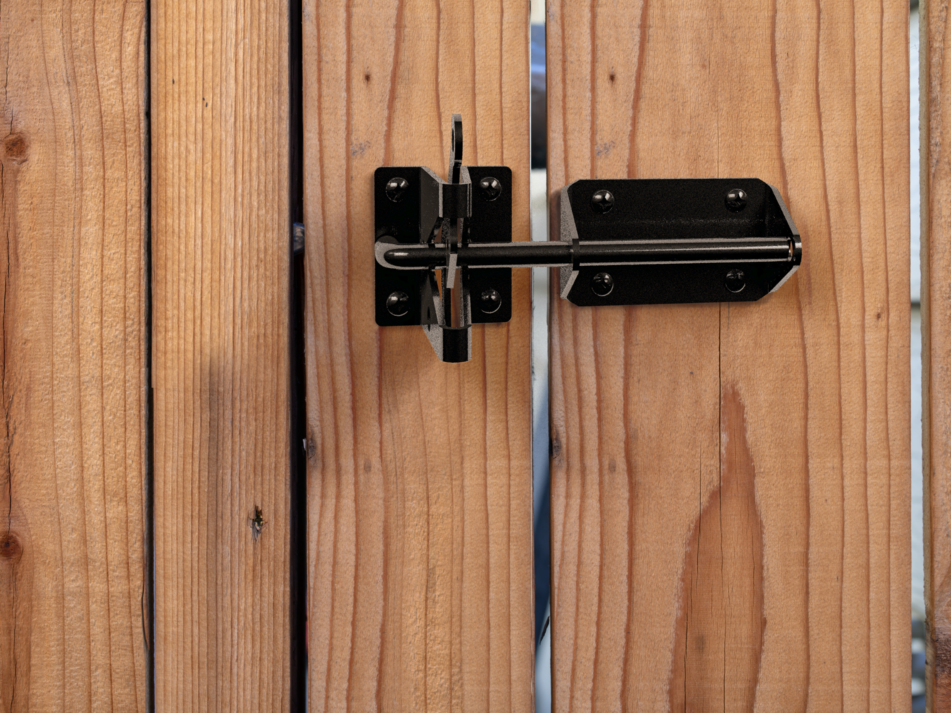 Black heavy duty gate latch mounted on wooden gate for durable home improvement and gate hardware projects under $50