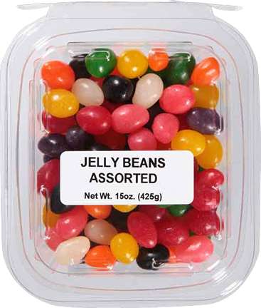 Clear plastic container of assorted colorful jelly beans weighing 15 ounces in candy and food collections