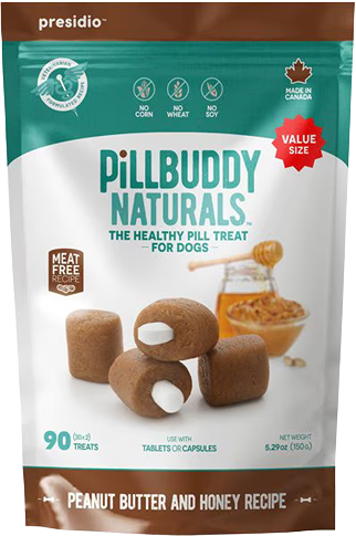 Bag of Presidio PillBuddy Naturals peanut butter and honey dog treats with pill compartments for easy medication.