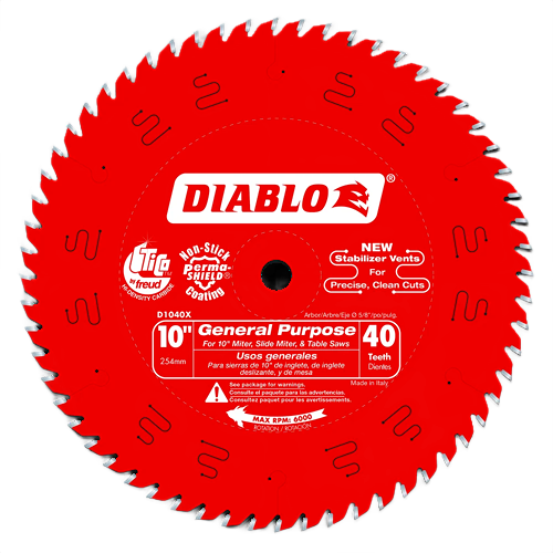 Red Diablo 10-inch saw blade with 40 teeth for general purpose cutting in home improvement and tools projects