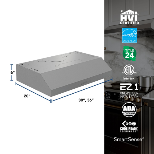 36" Under-Cabinet Range Hood, 490 MAX Blower CFM 1.0 Sones, 3 Speed
