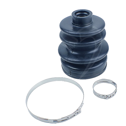 Black rubber boot with two silver metal clamps for automotive or machinery repair use in tools and home improvement