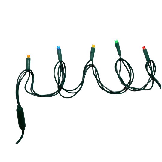 Section of multicolored LED string lights with green wiring for decorative use in tools and home improvement projects